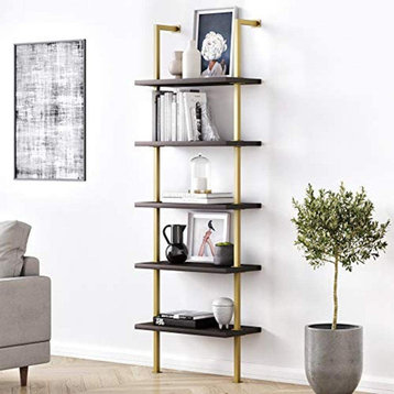 Modern 5-Shelf Bookcase, Open Wall Mount Ladder, Gold