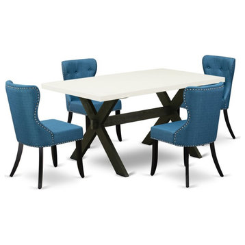 East West Furniture X-Style 5-piece Wood Dining Set in White/Black/Blue