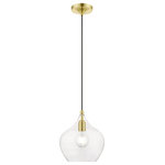 Livex Lighting - Aldrich 1 Light Satin Brass With Polished Brass Accent Pendant - This single light Aldrich pendant suspends simply, and it's great solo over focus points or set in pairs or trios over long counter tops and islands. It is shown in a satin brass finish with polished brass finish accent and clear glass.
