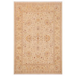Bareens Designer Rugs - Bohemien Ziegler Lorelei Beige Gold Hand-Knotted Wool Rug - 9'0'' x 11'9'' - Enhance the ambiance of your home with this magnificent Persian-influenced Turkish hand-knotted rug made by skilled artisans capable of creating the most exceptional vegetable dyes and hand-spun wool. This exquisite handmade rug is a one-of-a-kind Peshawar Kafkaz, otherwise identified as Chobi, Chobi Peshawar, Oushak, or Ziegler rug. These handmade rugs are crafted in Pakistan utilizing superior-quality wool imported from Australia, New Zealand, and Korea in two types of weaves: the Persian weave and the Mori weave. This rug is meticulously crafted by hand using the finest natural vegetable dyes extracted from local plants. The artisans use a blend of hand-spun local and fine merino wool, resulting in a rug with a compelling texture, higher lanolin content, and longer staple. The artisans occasionally incorporate natural or artificial silk into the pile to enhance specific motifs. The finished product is an awe-inspiring execution of flawless design and an understated palette that exudes elegance.
