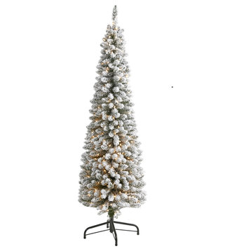 6' Flocked Pencil Faux Xmas Tree With 300 Clear Lights and 438 Bendable Branches