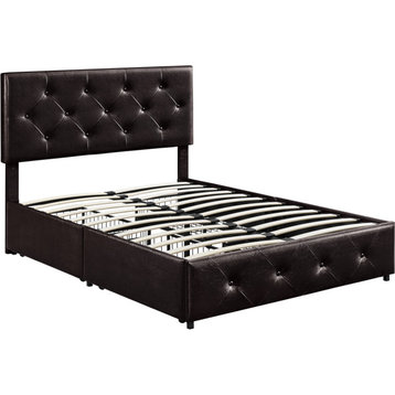 Contemporary Platform Bed, Button Tufted PU Leather Upholstery & Drawers, Brown