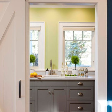 Desired White Kitchen w/ Gray Island & Pantry!