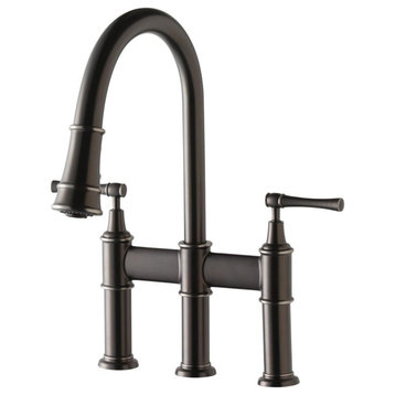 Mid Century Kitchen Faucet, Lever Handles & Pull Down Sprayer, Antique Steel