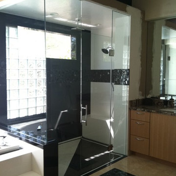 Custom 3 Panel and Door, Heavy 3/8" Thick Glass, Notched Panel