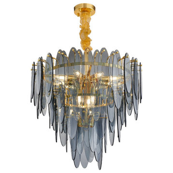 Round Gold Frosted/Smoke gray Crystal Chandelier for Living Room, Kitchen, Smokegray, Dia23.6"