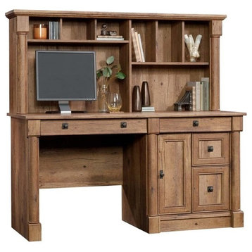 Pemberly Row Engineered Wood Computer Desk with Hutch in Vintage Oak