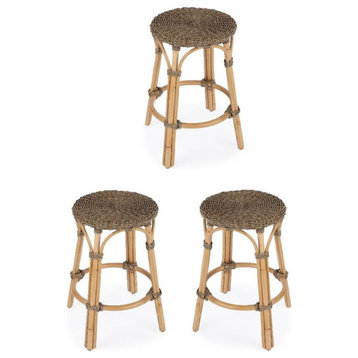 Home Square 24" Rattan Round Counter Stool in Khaki Brown - Set of 3