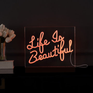 Life is Beautiful 13.7" X 10.9" Acrylic Box USB Operated LED Neon Light, Orange