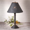 Wood Table Lamp With  Distressed Farmhouse Finishes, Black With Red  Stripe