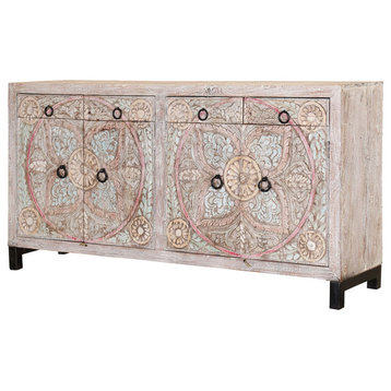 Turquoise Trail Frosted White Hand Carved 4 Drawer Large Sideboard