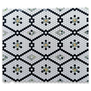 Thassos White Marble Hexagon Historic Snowflake Mosaic Tile Green, 1 sheet