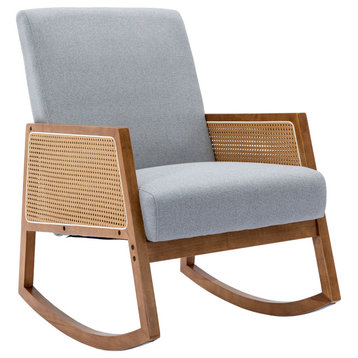 SEYNAR Velvet Upholstered Rocking Accent  Chair with Rattan Woven Armrest, Light Grey