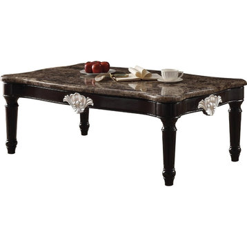 Benzara BM186985 Rectangular Marble and Wood Coffee Table, Brown