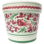 Bonechi Imports - Deruta Labor Ceramiche Arabesco Small Flower Pot, Green and Red - With a charming design of a spritely bird in the leaves and flowers, Arabesco is a widely popular ceramic pattern that comes from the town of Deruta in the Italian region of Umbria.  Each ceramic cachepot was handcrafted and painted by the artists in Deruta, Italy. Please note that these planters do not have a hole for drainage.