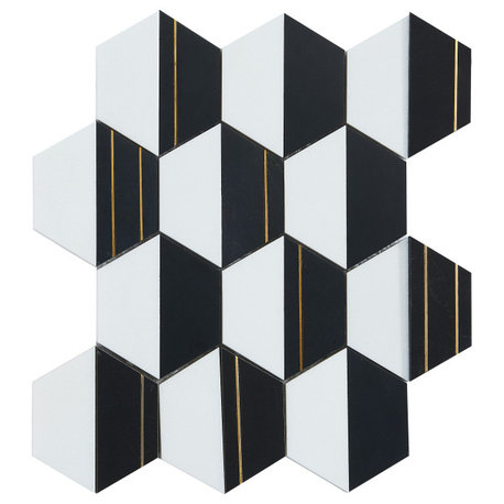 8-Pieces of 4" Hexagon Mix Marble and Metal Mosaic Tile