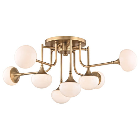 Fleming 8-Light Semi Flush - Aged Brass Finish with Opal Glossy Glass