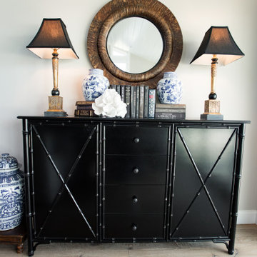 Custom handcrafted black buffet dresser with bamboo trim Bali coastal design