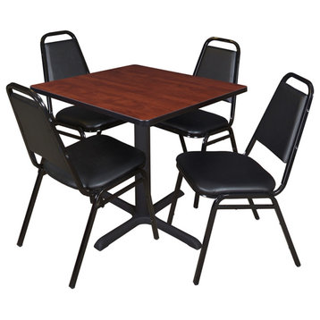 Cain 30" Square Breakroom Table- Cherry & 4 Restaurant Stack Chairs- Black