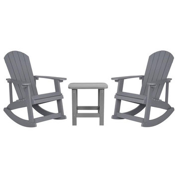 Savannah Set of 2 Outdoor Adirondack Rocking Chairs With Side Table, Gray