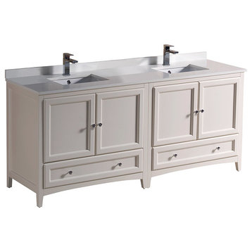 72" Antique White Traditional Double Sink Bathroom Cabinets w/ Top & Sinks