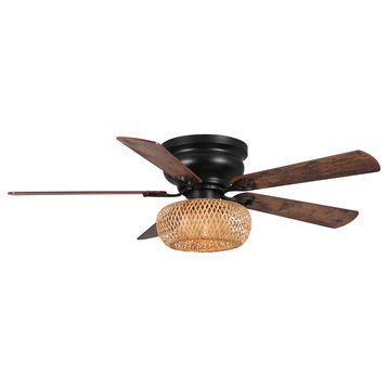 48in Indoor Black Flush Mount Farmhouse Bamboo Woven Ceiling Fan with Remote Kit