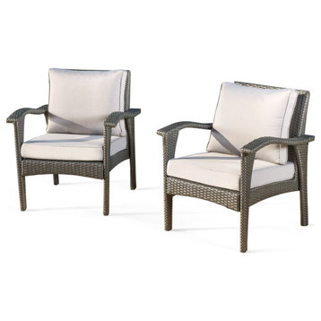 GDF Studio Bleecker Outdoor Brown Wicker Club Chair With Cushion, Set of 2, Gray