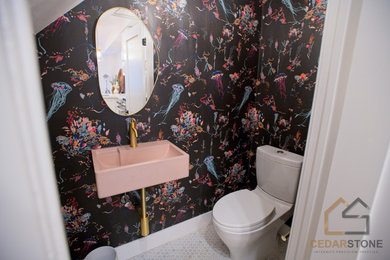 Inspiration for a small modern gray floor and wallpaper powder room remodel in Toronto with a one-piece toilet, multicolored walls, a wall-mount sink and a floating vanity