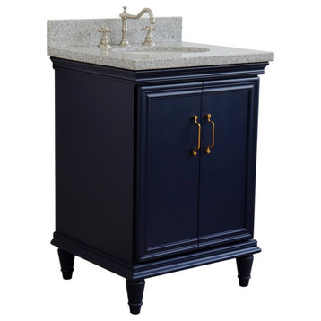 25" Single Vanity, Blue Finish With Gray Granite And Oval Sink