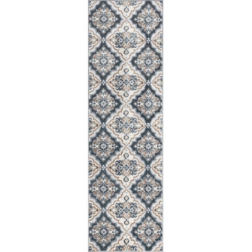 Peoria Traditional Floral Gray Runner Rug, 2'x10'