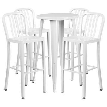 Flash Commercial 24" Round White Metal Bar Table Set & 4 Vertical Slat Stools