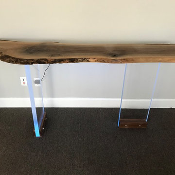Natural Edge Wood Console Table with Acrylic Legs that Change Colors