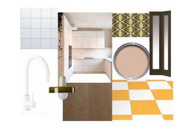 Photo of a small scandinavian u-shaped kitchen pantry in Other with a submerged sink, flat-panel cabinets, white cabinets, white splashback, ceramic splashback, vinyl flooring, a breakfast bar, orange floors, white worktops and feature lighting.