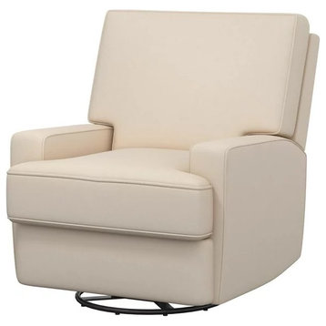 Modern Recliner Glider Chair, Square Design With Swiveling Coil Seat, Beige