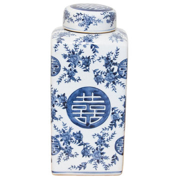 Tall Blue and White Floral Jar