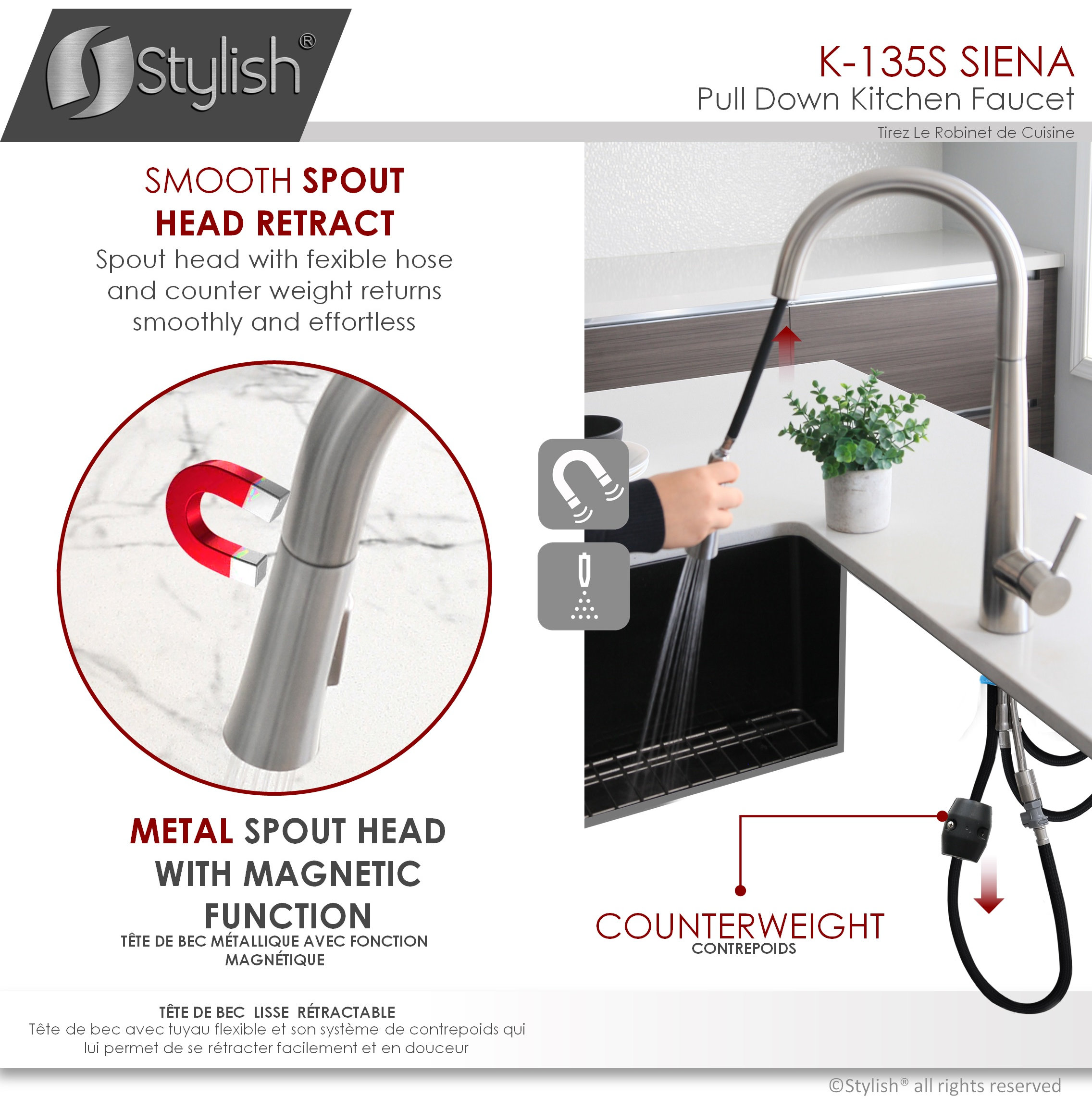 STYLISH Kitchen Sink Faucet Single Handle Pull Down Dual Mode Stainless Steel