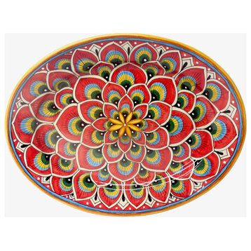Deruta Ceramiche Sberna Penna di Pavone 16.5X13" Oval Platter, Red
