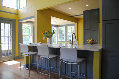 Example of a mid-sized trendy bamboo floor eat-in kitchen design in DC Metro with a peninsula, recessed-panel cabinets, blue cabinets, stainless steel appliances and a farmhouse sink