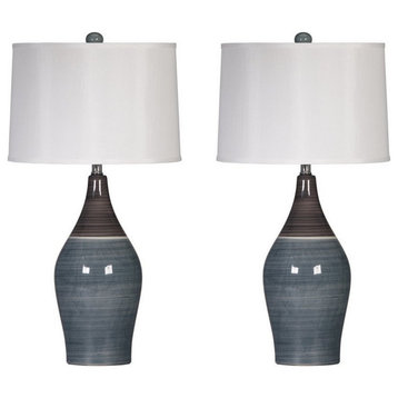 Benzara BM227189 Ceramic Table Lamp Brushed Details,Set of 2,Gray and White