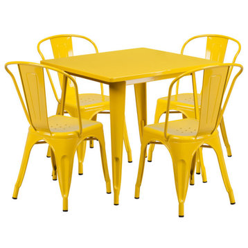 31.5'' Square Yellow Metal Indoor-Outdoor Table Set With 4 Stack Chairs