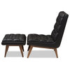 Annetha Faux Leather Walnut Finished Wood Chair And Ottoman Set, Black