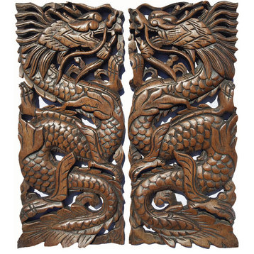 Lucky Dragon Carved Wood Wall Art Decor, Chinese Home Decor, Set of 2, Brown