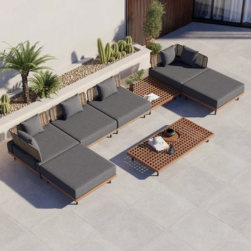 8Pcs Teak & Aluminum Outdoor Sectional Sofa Set with Coffee Table and Cushion