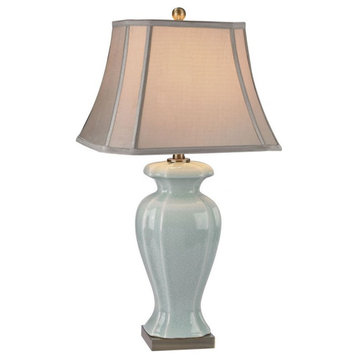 Brass-Green Table Lamp Made Of Ceramic And Metal A Cream Faux Silk Shade A