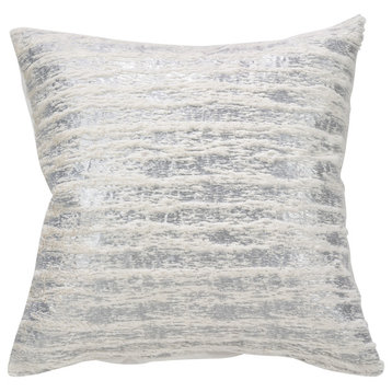Down Filled Faux Fur With Brushed Metallic Foil Throw Pillow, 20"x20", Silver