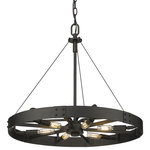 Golden - Golden 3866-M NB-NB 6-Light Pendant, Vaughn - Industrial by nature, Vaughn fits well in contemporary homes. Inspired by the spokes of a vintage wagon wheel, this collection brings antiquity to the modern age. The Natural Black finish is slightly textured and adds drama to this focal series. Select a monochromatic version or elevate the look by selecting a fixture with contrasting aged brass accents. Pivoting sockets and steel cables act as additional features to the bold design.