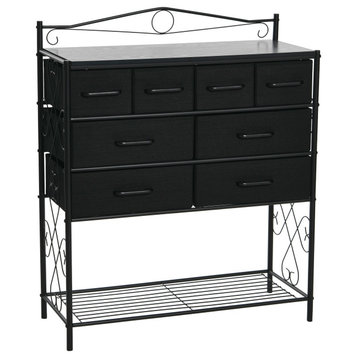 Dresser Table, 8 Drawers, Shoe Shelf Black Metal Frame, Black Oak Top