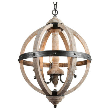 LNC 3-Light Farmhouse Weathered gray Globe shape  Brushed Wood Chandelier