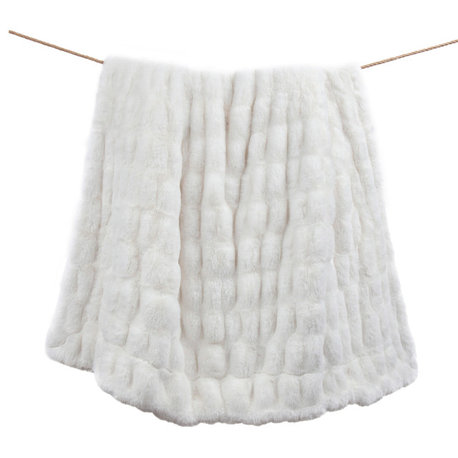 Ruched Rabbit Double-Sided Faux Fur Throw Blanket, White, 50"x60"