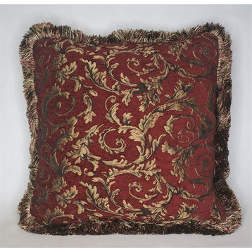 Large Floral Fringe Pillow, Handmade, Red and Gold, 21"x21"